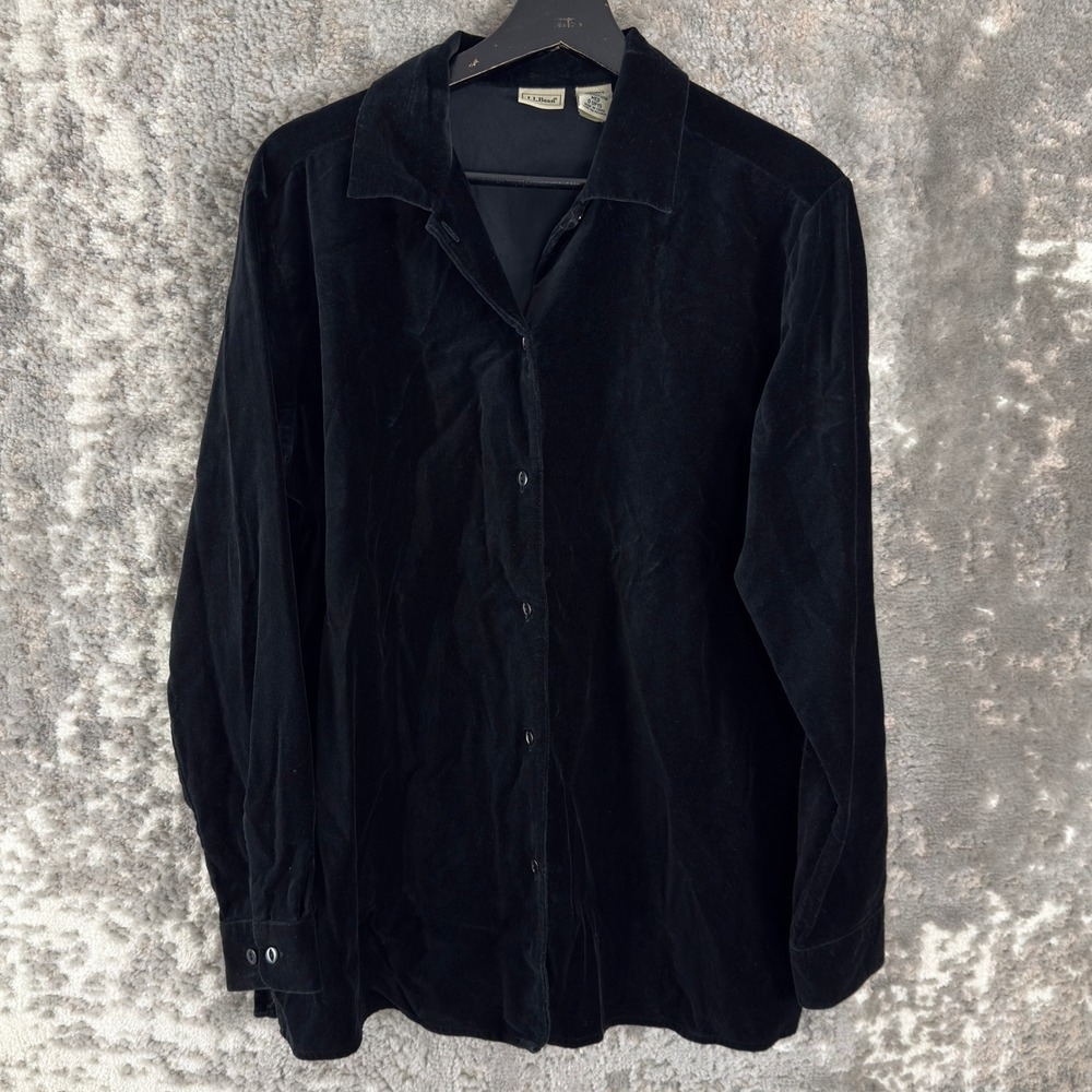 LL Bean Size Medium Velvet Button Up Shirt Black Long Sleeve Women